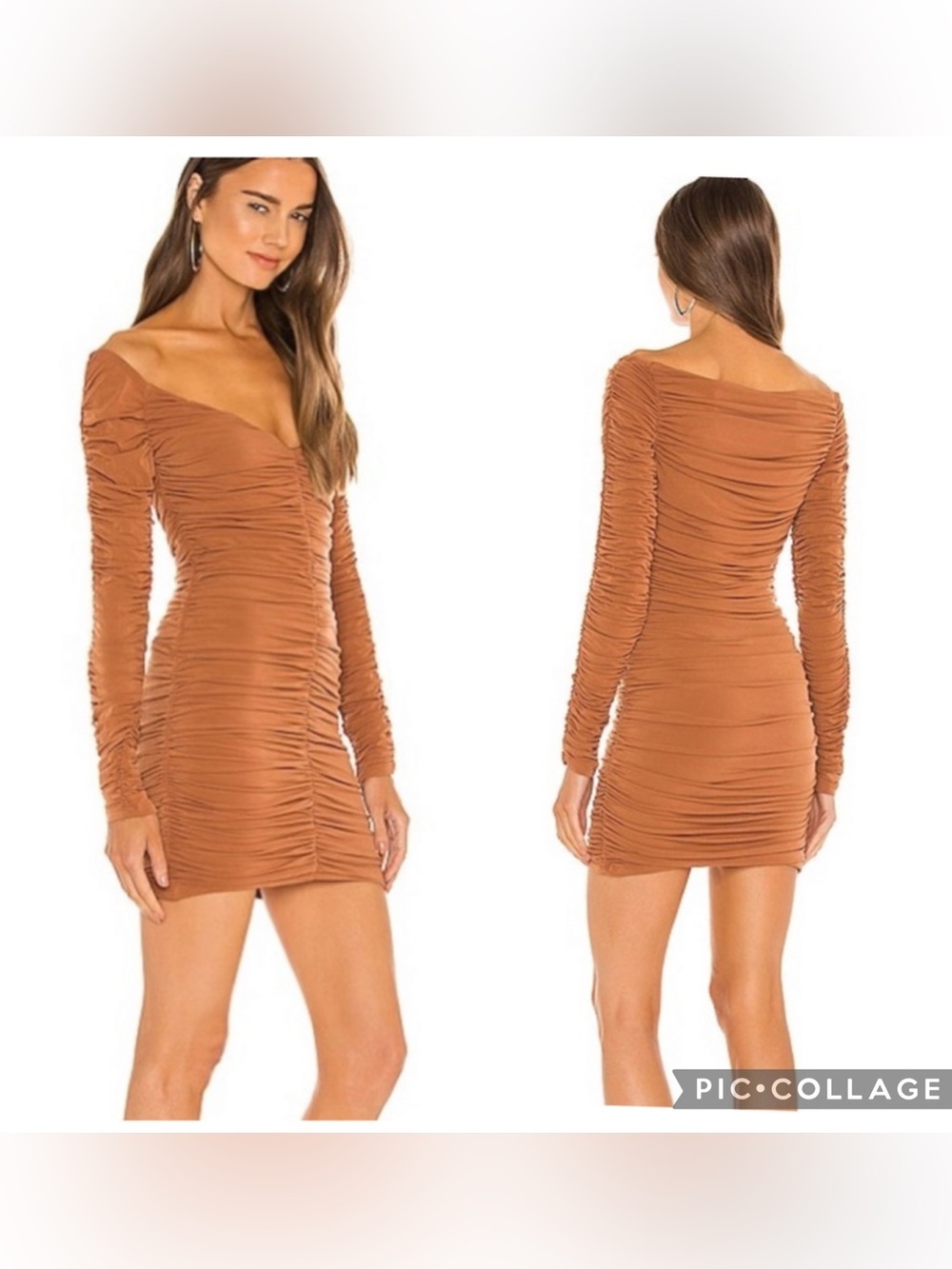 Michael Costello x Revolve Ana Ruched Off-Shoulder Mini Dress in Terra Cotta
